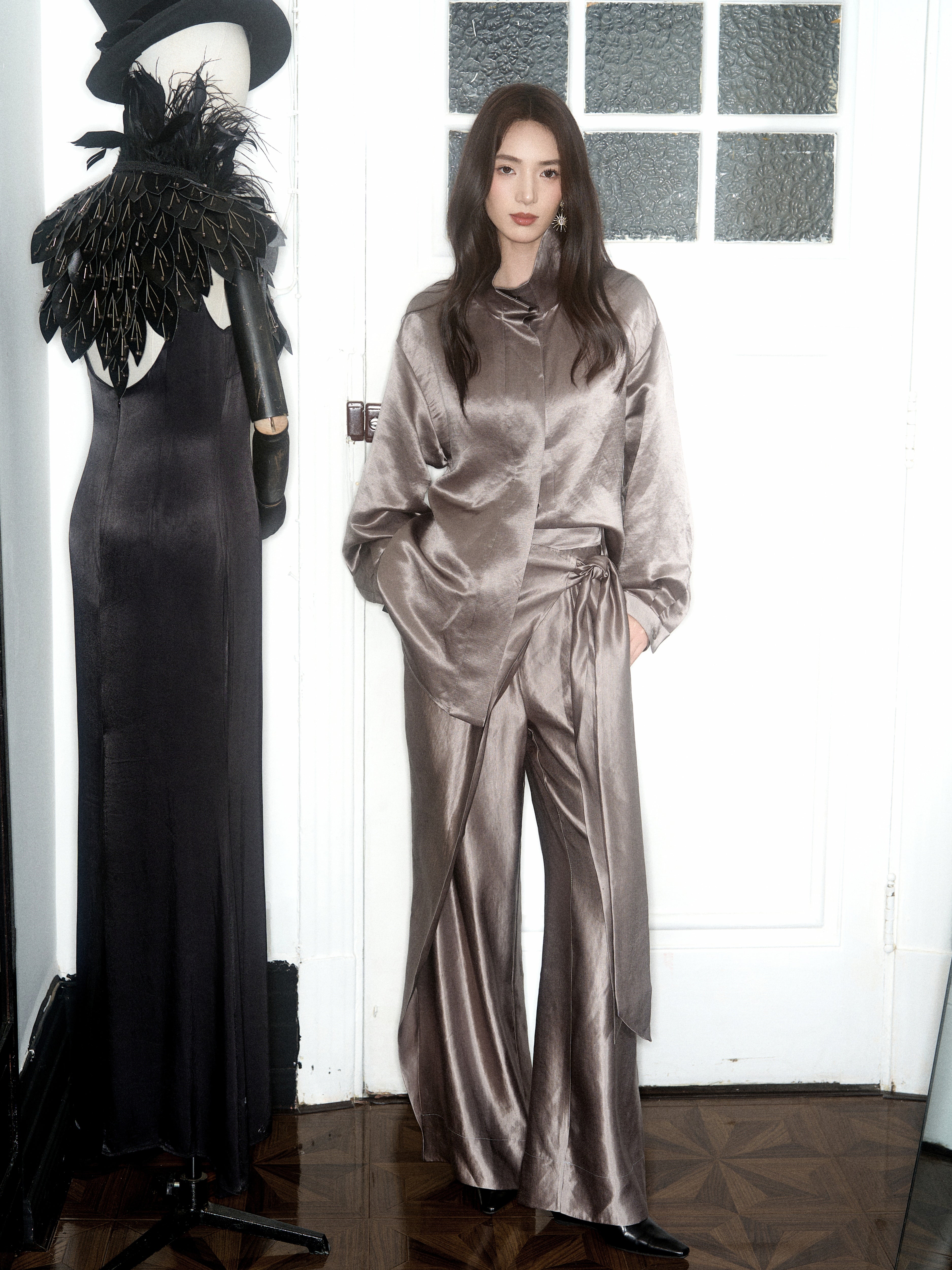 Draped wide-leg satin  trousers