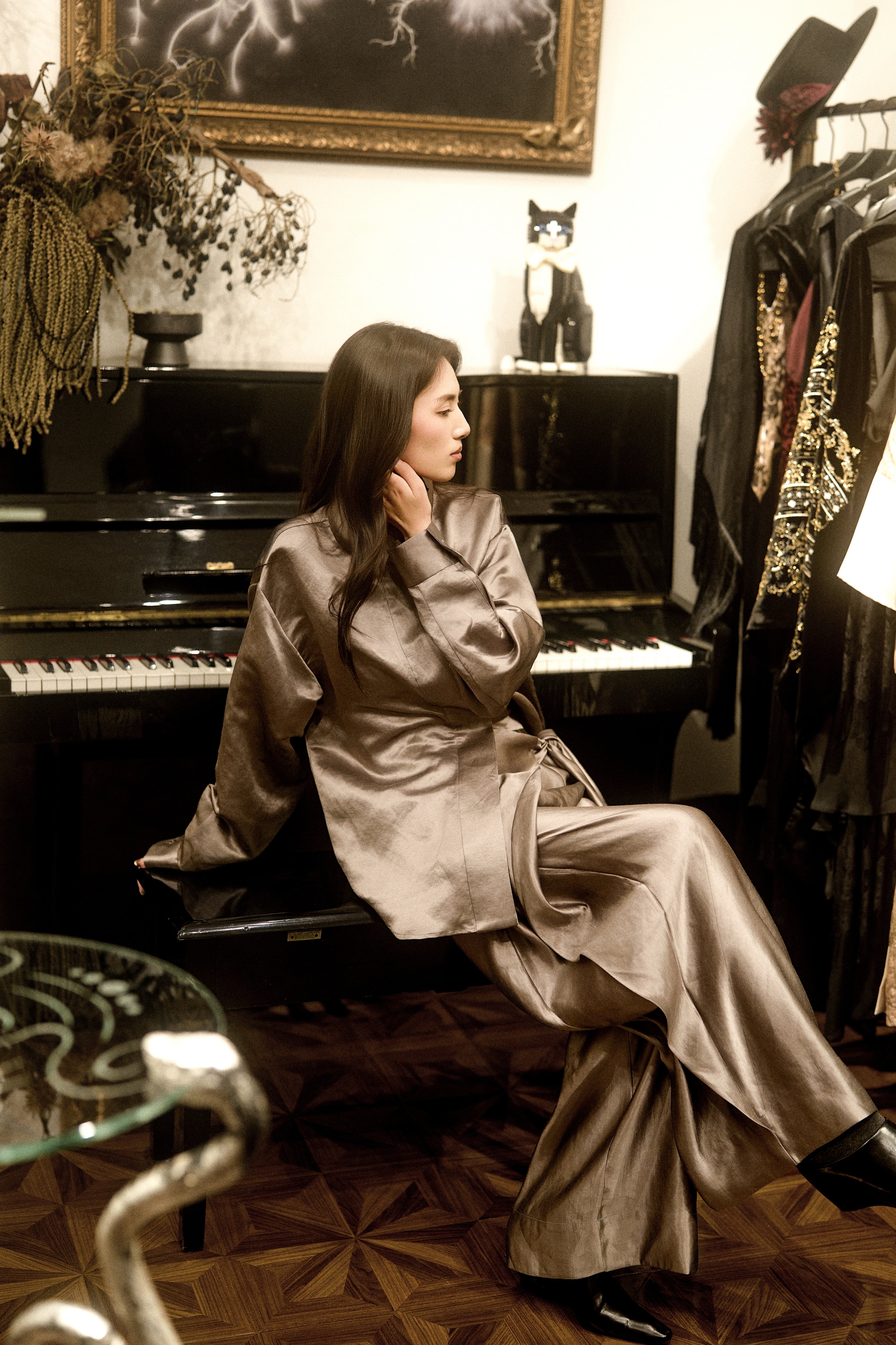 Draped wide-leg satin  trousers