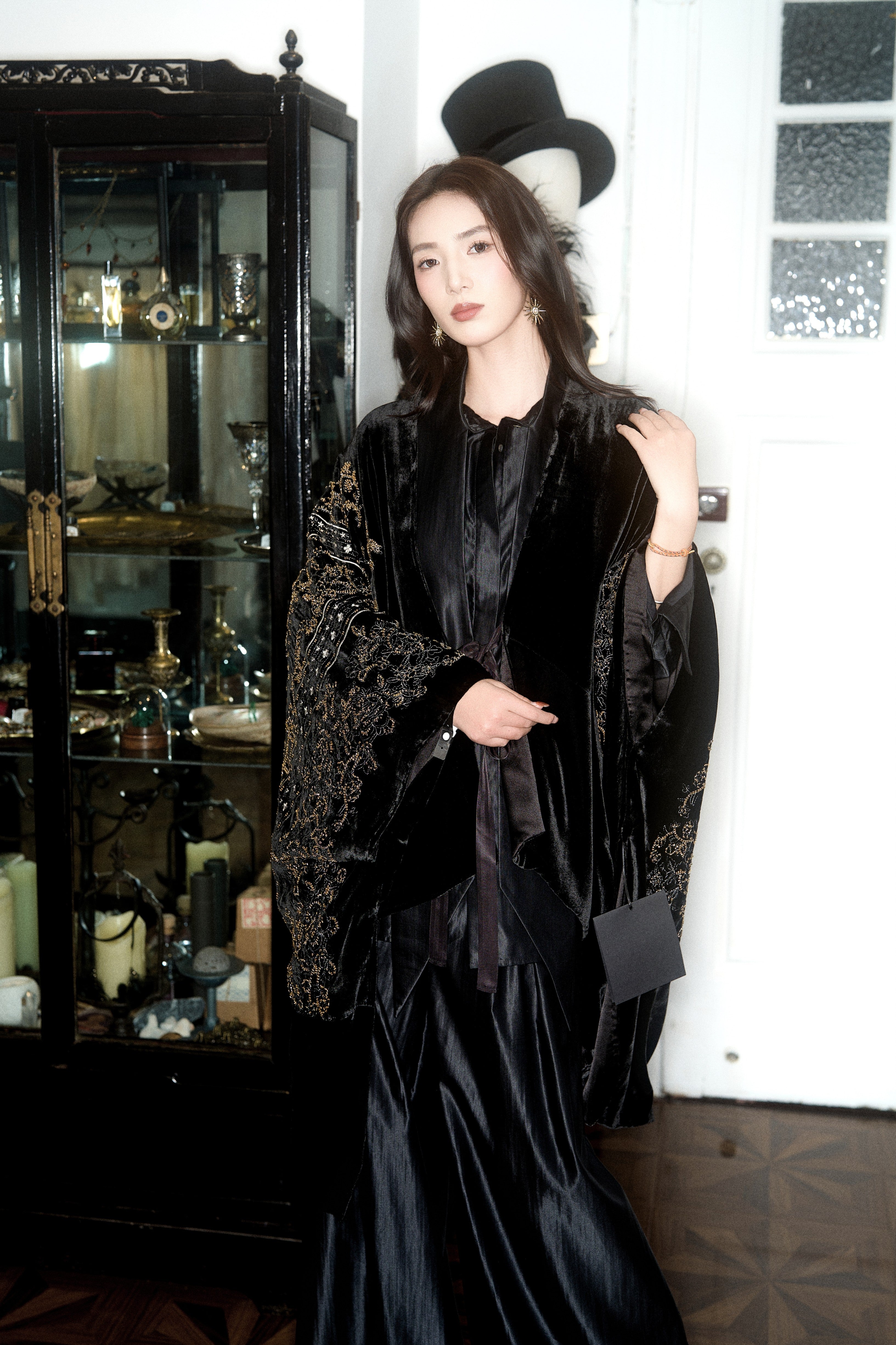 Regency black velvet embroidered cape