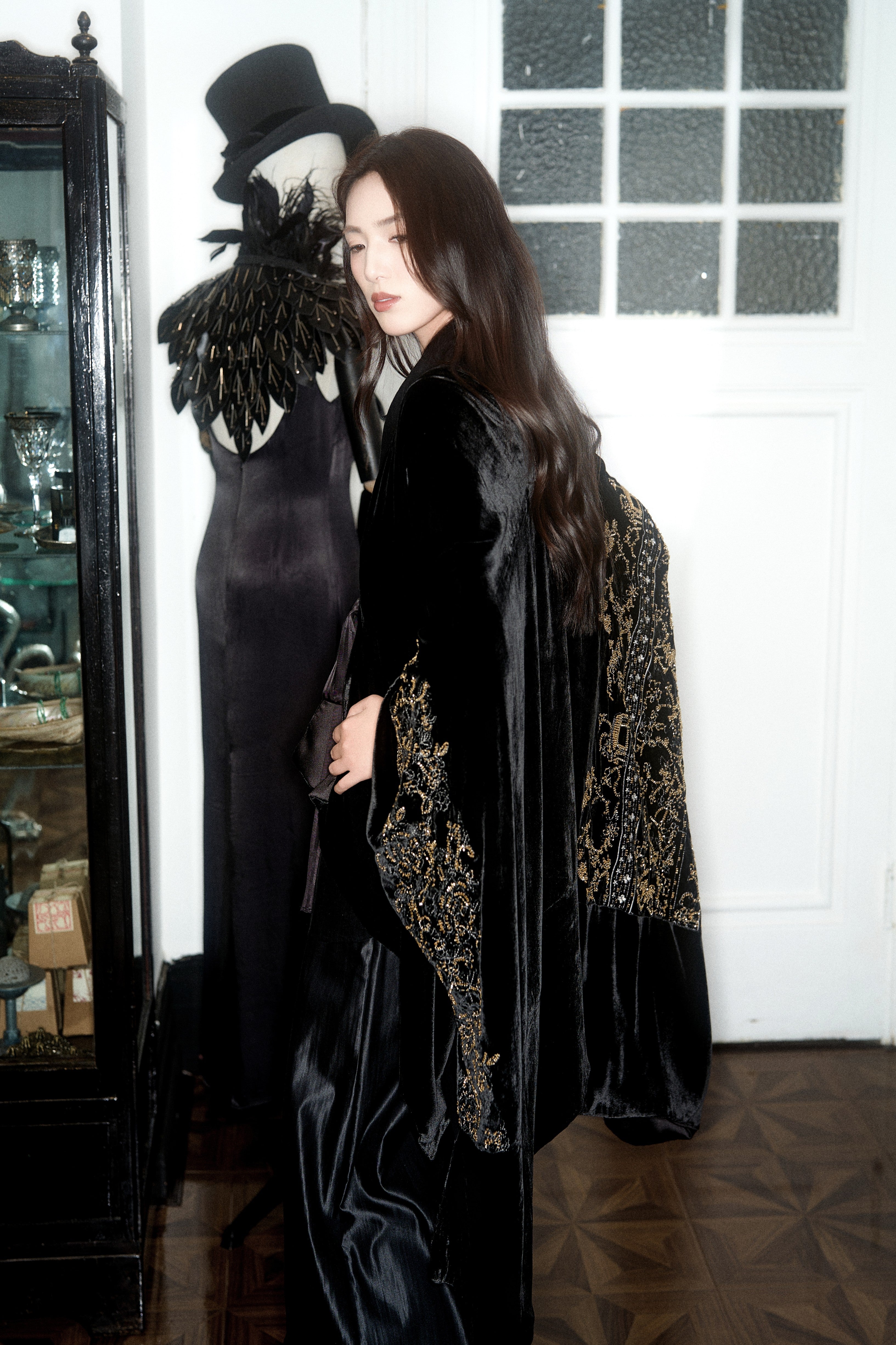 Regency black velvet embroidered cape