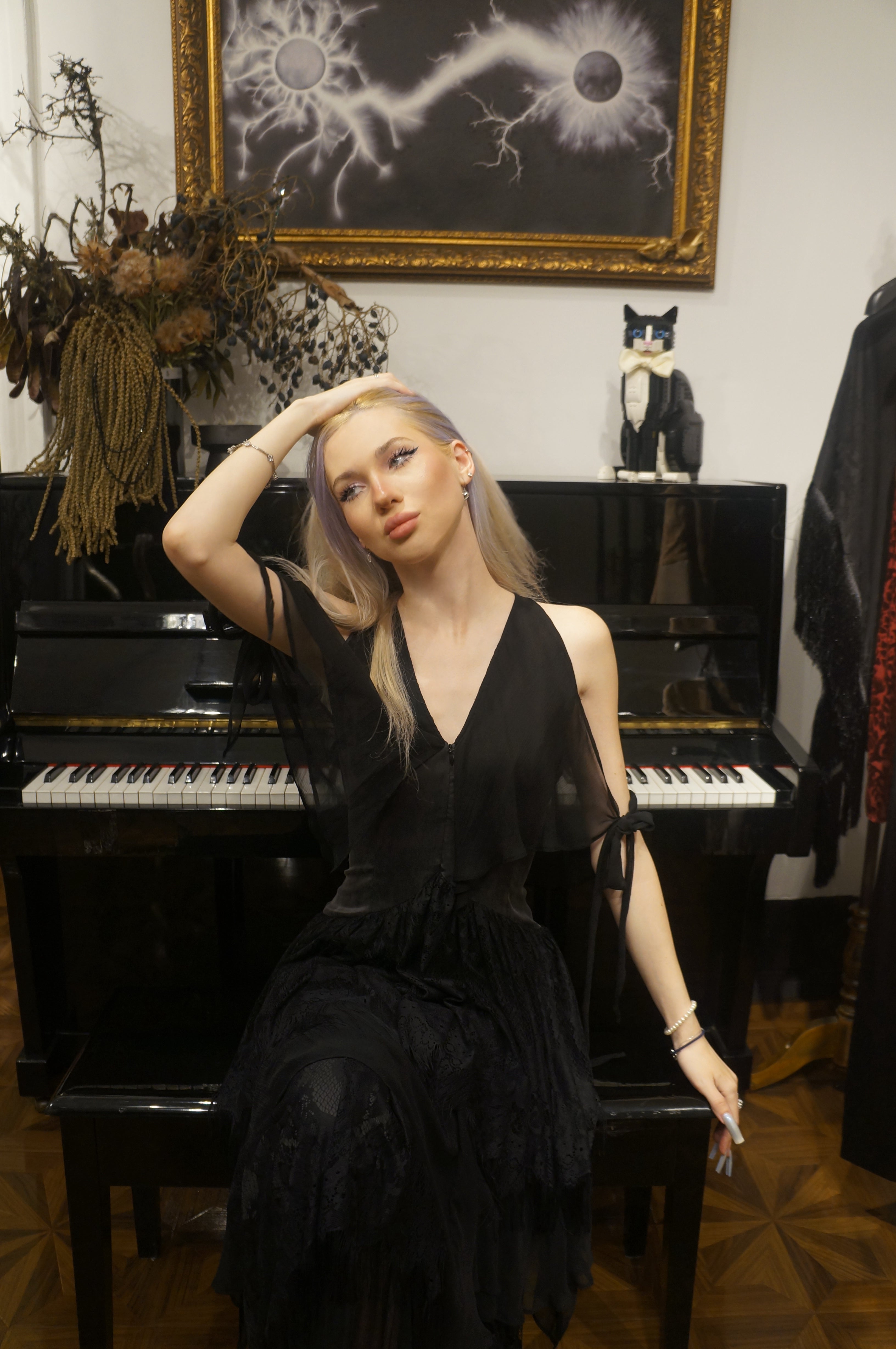 Flamingo silk & lace fringe gown