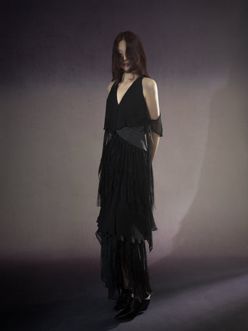 Flamingo silk & lace fringe gown