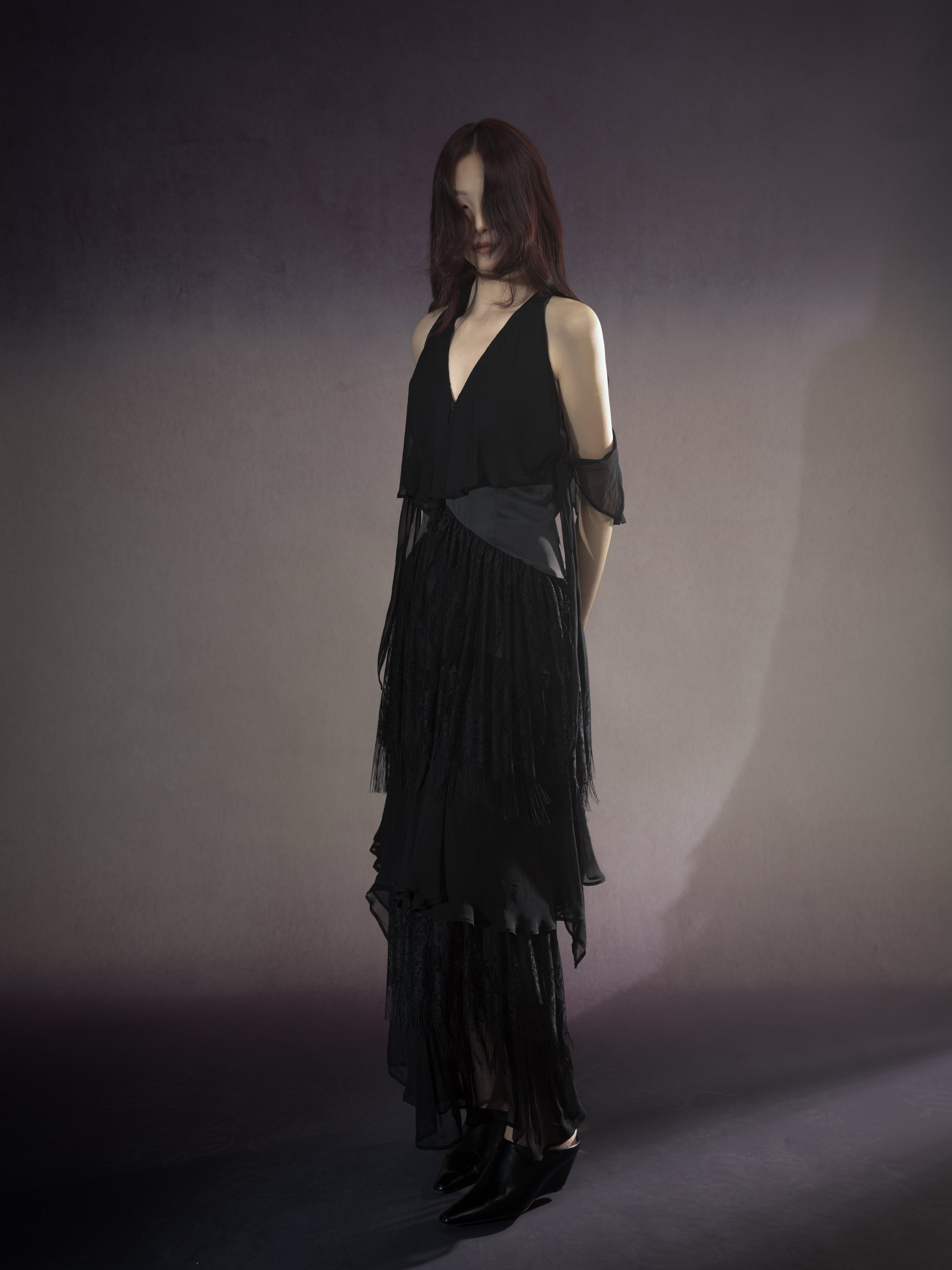 Flamingo silk & lace fringe gown