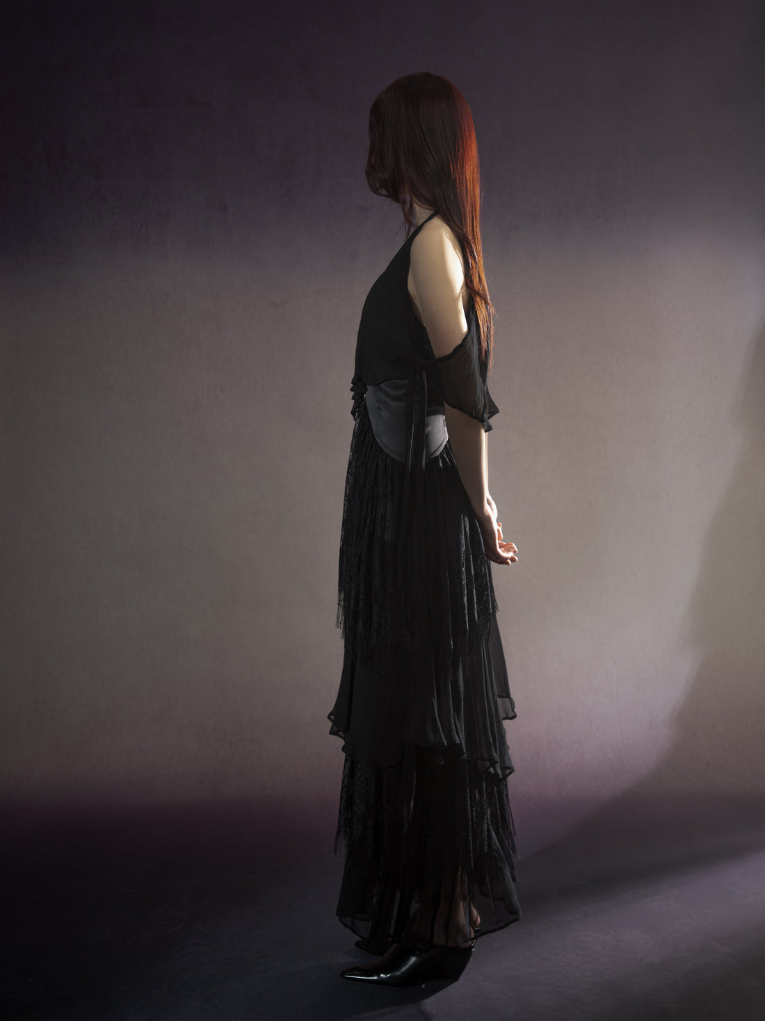 Flamingo silk & lace fringe gown