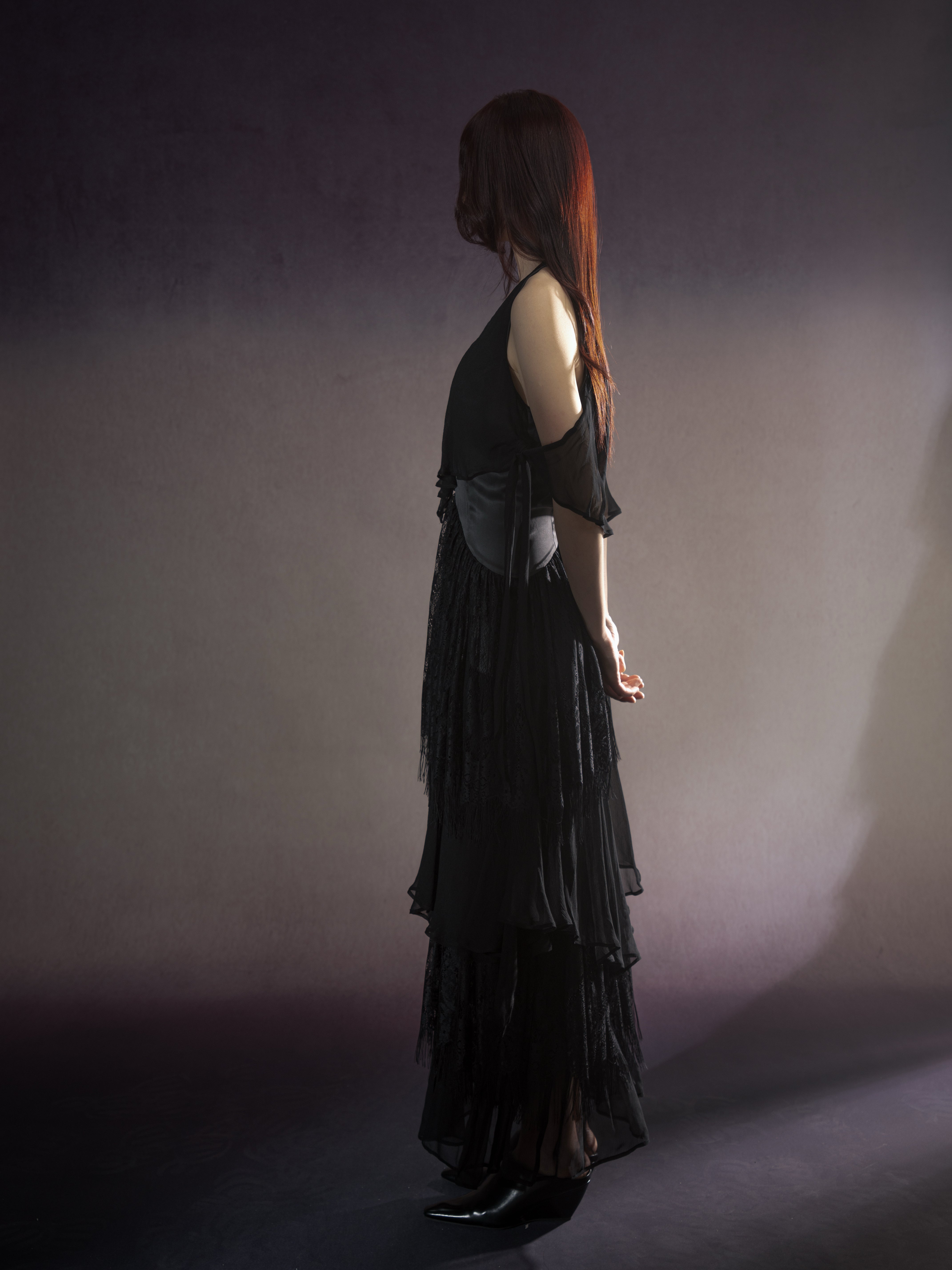 Flamingo silk & lace fringe gown