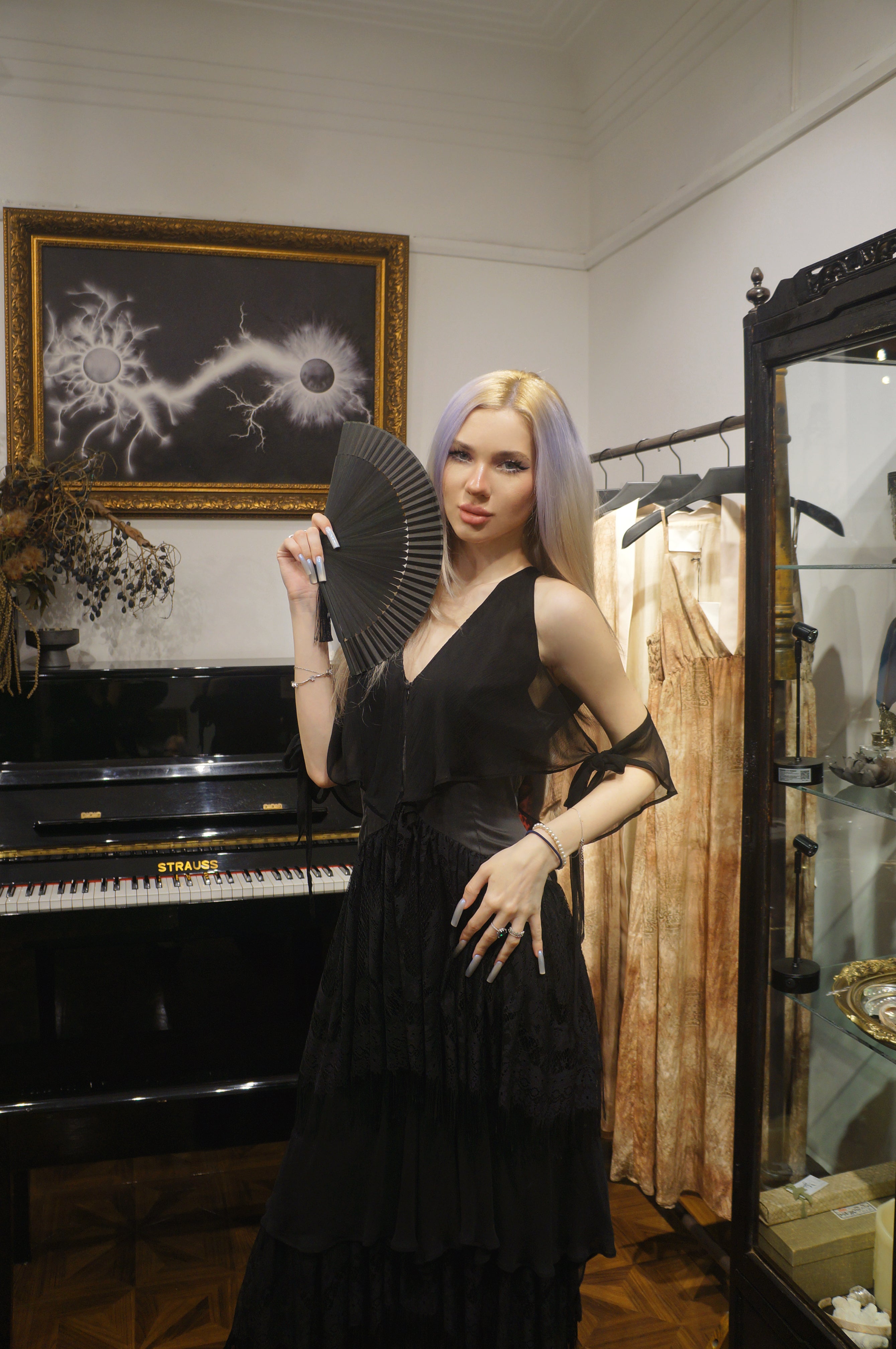Flamingo silk & lace fringe gown