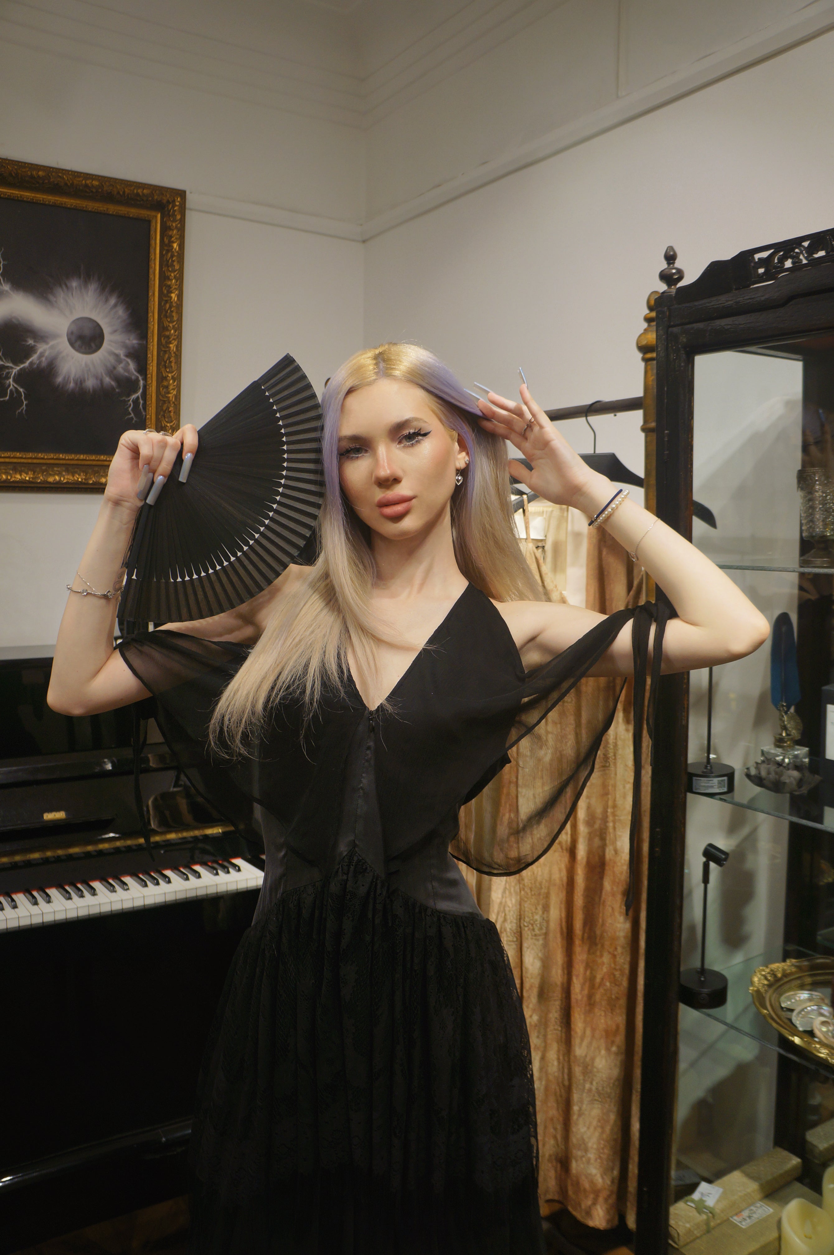 Flamingo silk & lace fringe gown