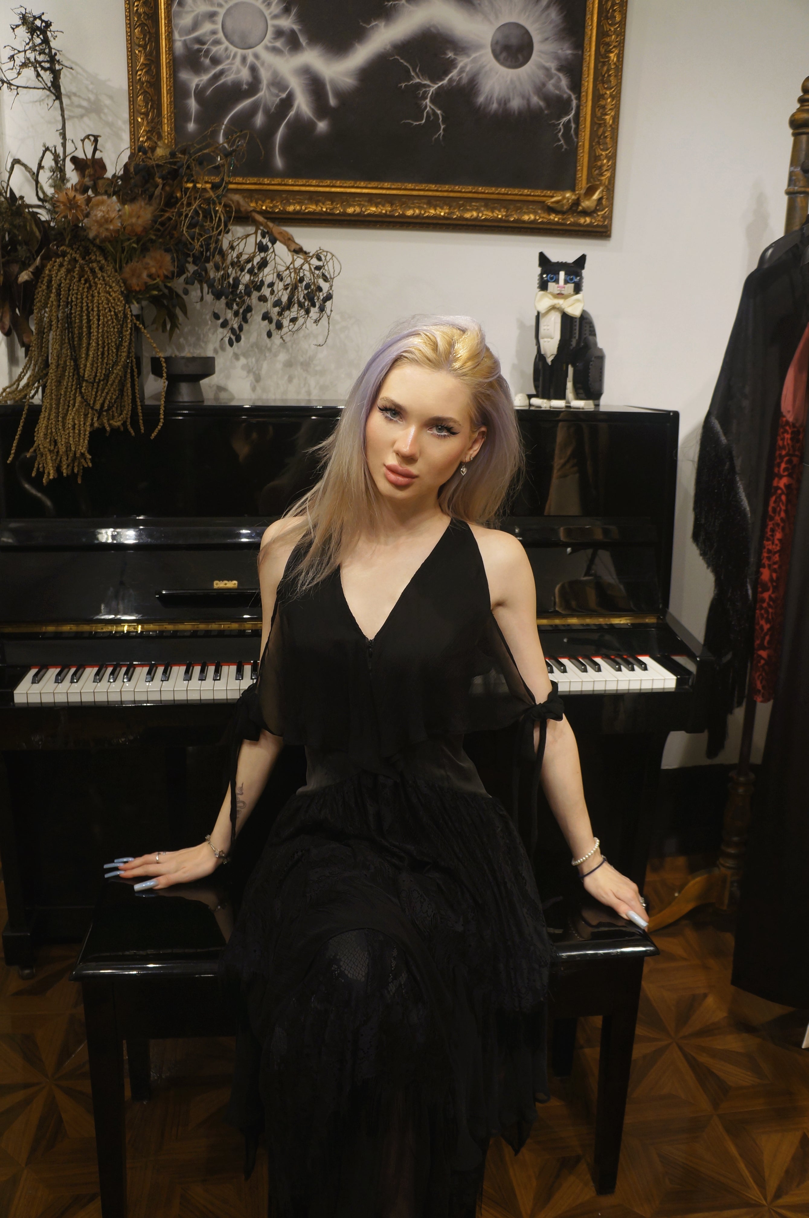 Flamingo silk & lace fringe gown