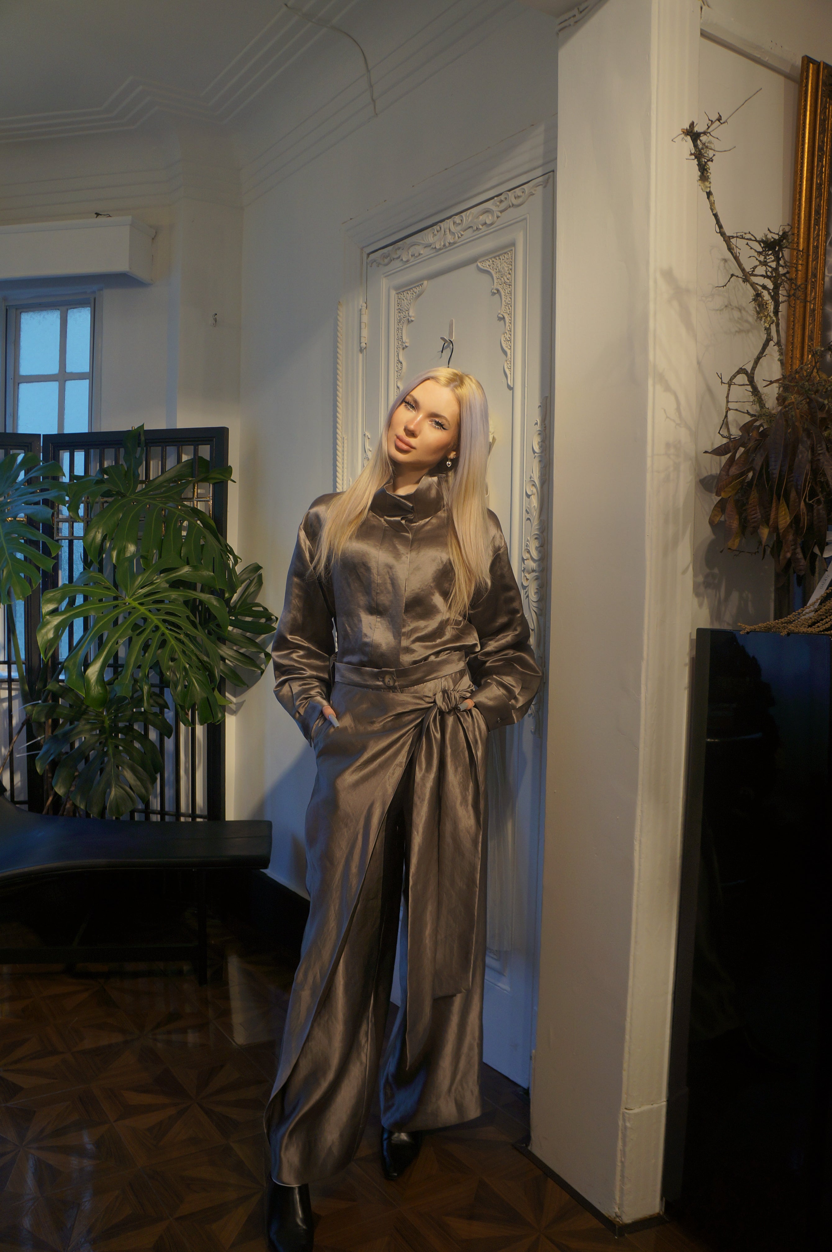 Draped wide-leg satin  trousers