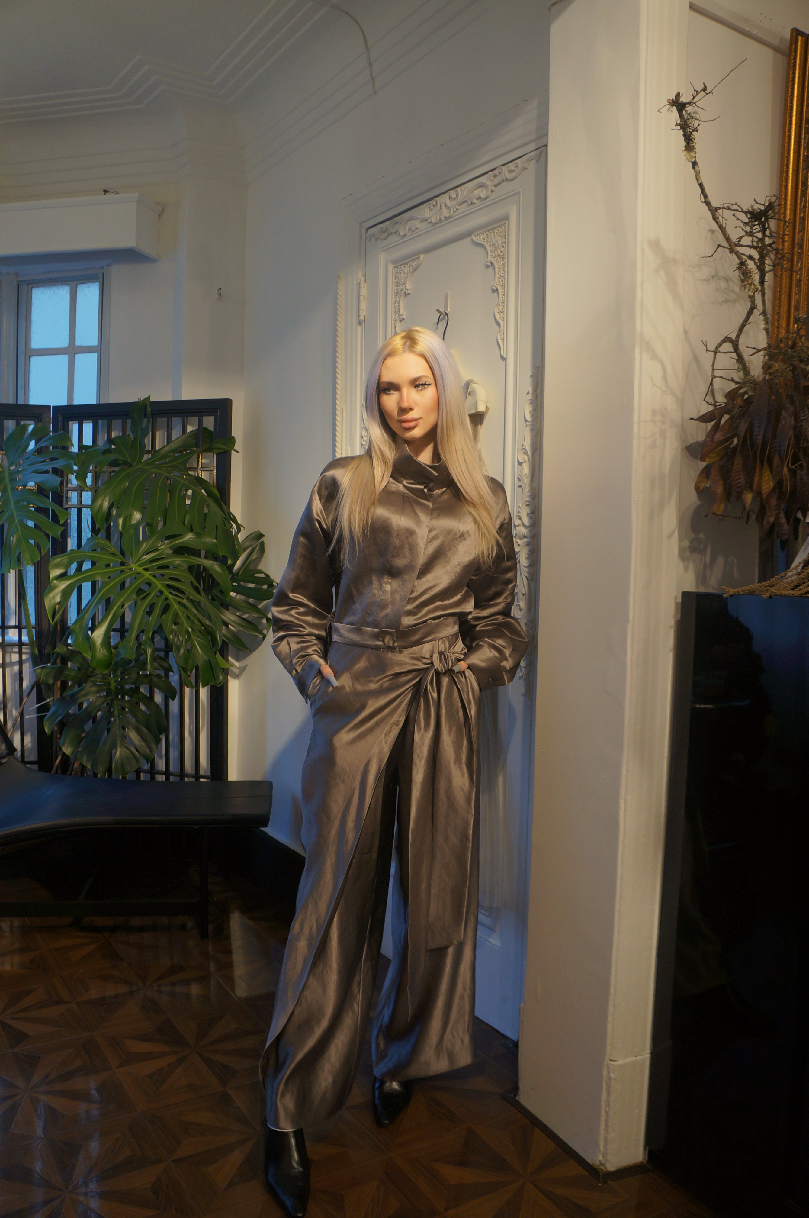 Draped wide-leg satin  trousers