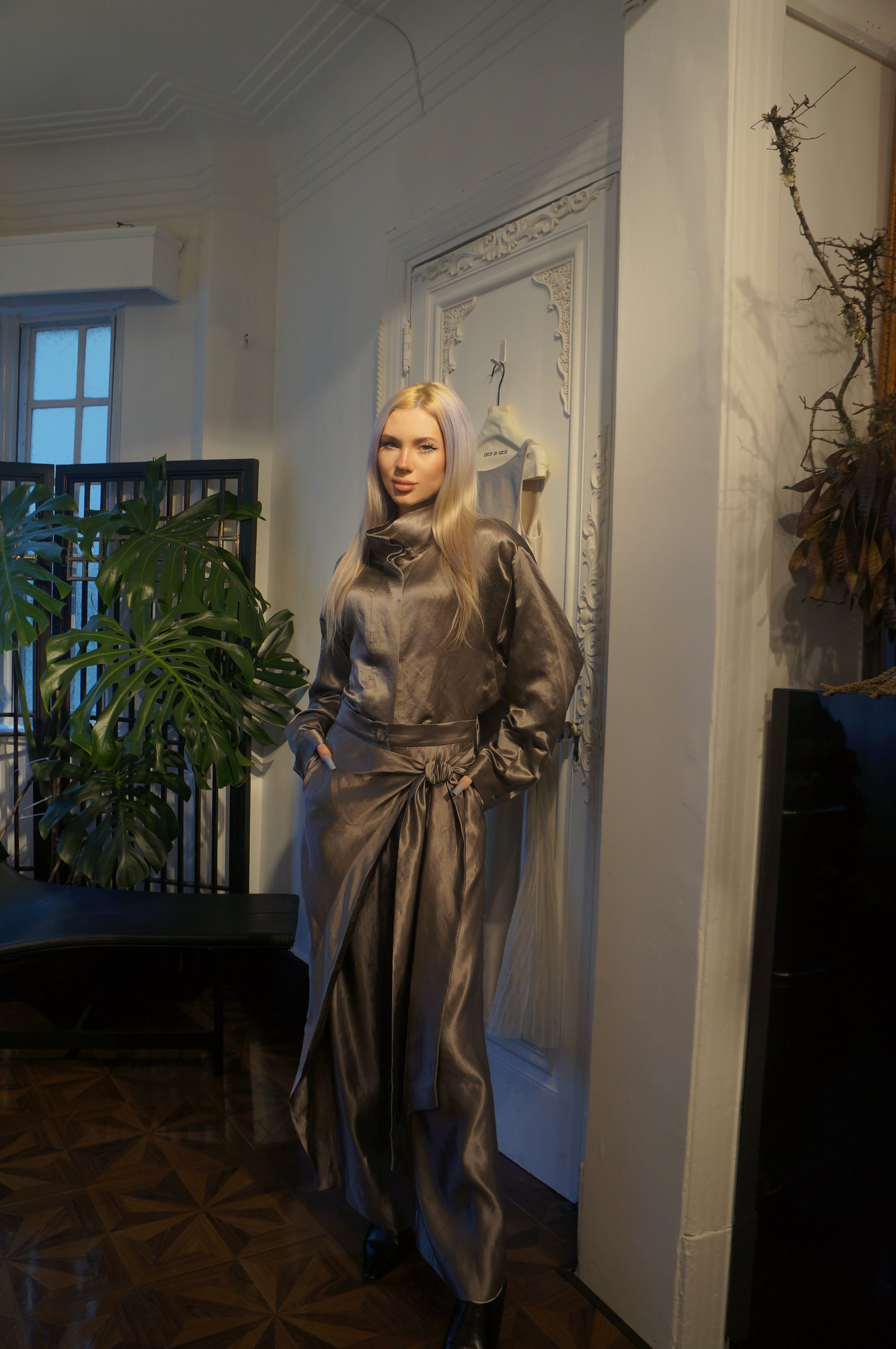 Draped wide-leg satin  trousers