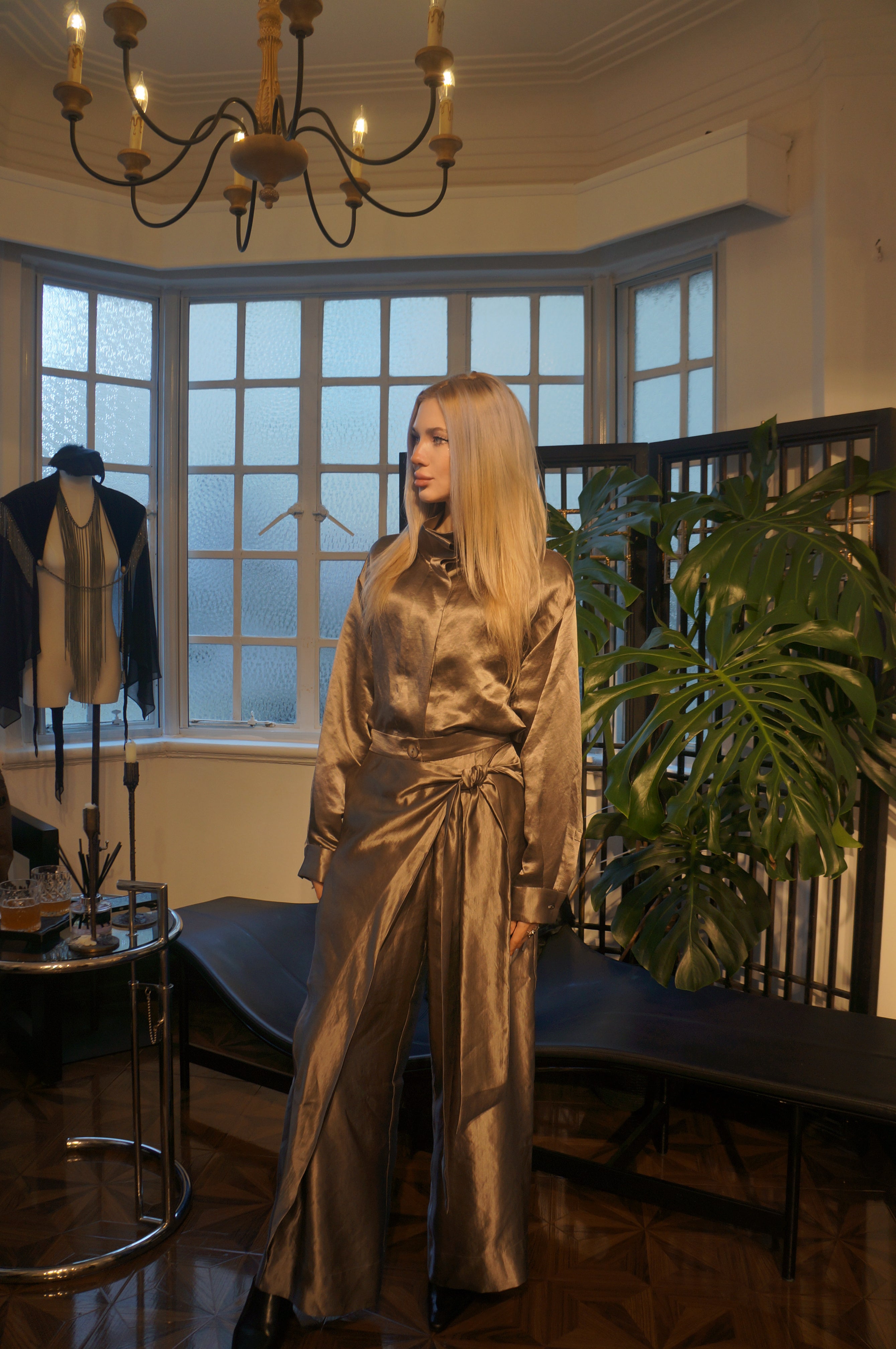 Draped wide-leg satin  trousers