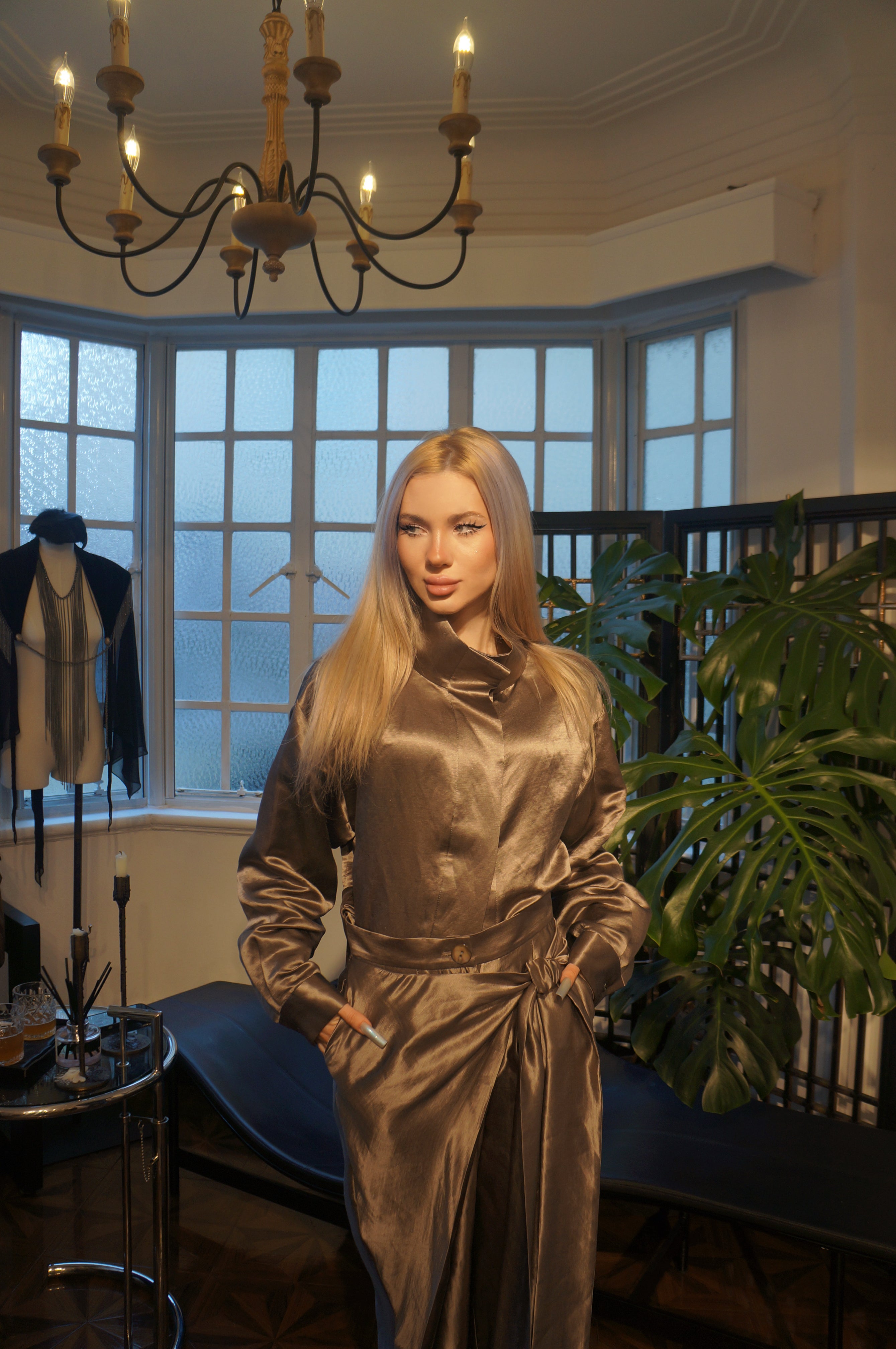 Draped wide-leg satin  trousers