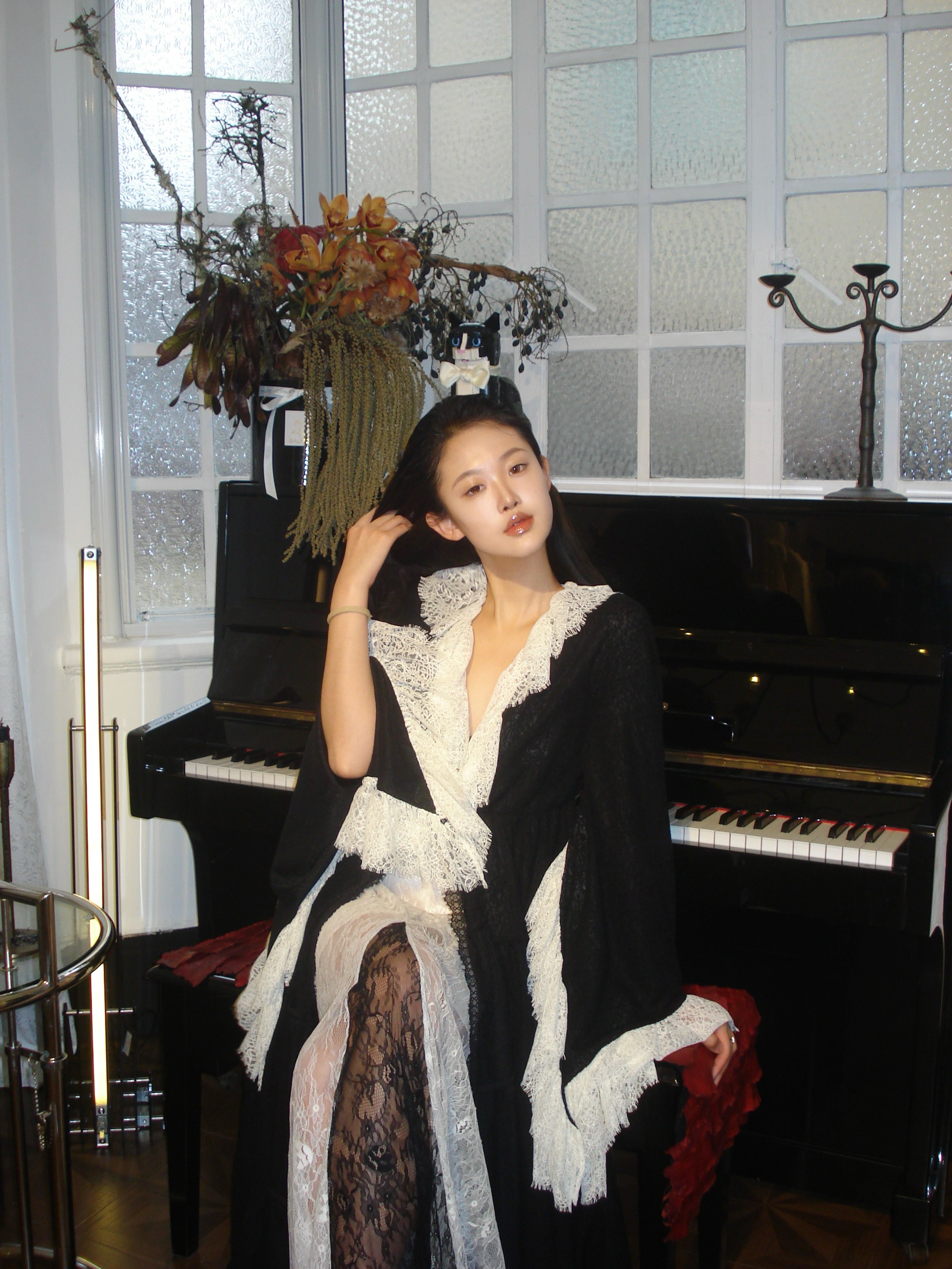 Regal romance lace trim longline coat