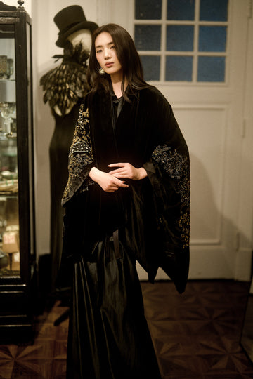 Regency black velvet embroidered cape